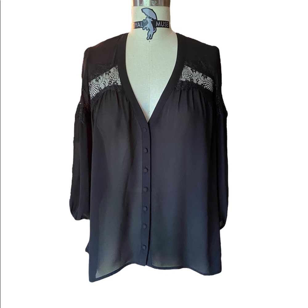 Fab’rik lace accent (front & sleeves) sheer blouse 3/4 Sleeve V Neck Button Down